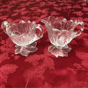 Vintage Clear Floral Glasses Creamer & Sugar Set Of 2